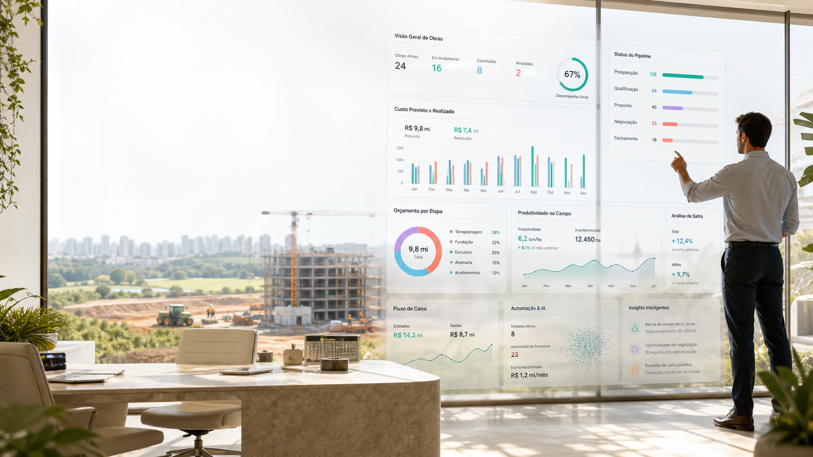 Escritório claro com plantas, dashboards de dados e operação de construção ao fundo